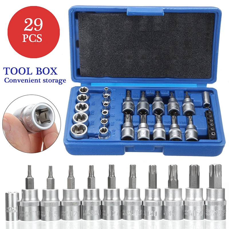 29PC 1/4 3/8 1/2 Socket Bit Set Torx Star Male Female Sockets Wrench Adapter Machine Motor Car Household Repair Tool
29PC 1/4 3/8 1/2 Socket Bit Set Torx Star Male Female Sockets Wrench Adapter Machine Motor Car Household Repair Tool