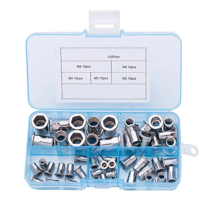 50Pcs/Set M3 M4 M5 M6 M8 Stainless Steel Flat Head Half Hex Body Rivet Nut Insert Nutsert Cap Assortment Kit
50Pcs/Set M3 M4 M5 M6 M8 Stainless Steel Flat Head Half Hex Body Rivet Nut Insert Nutsert Cap Assortment Kit