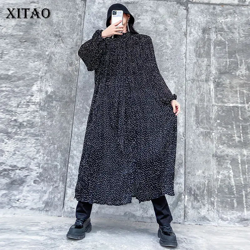XITAO Plus Size Pleated Dot Chiffon Dress Women Clothes 2020 Spring New Fashion Korean Single Breasted Elegant DMY3150 | Женская одежда