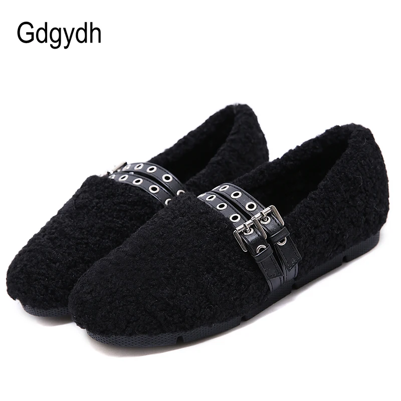 Женские лоферы с мехом Gdgydh черные повседневная обувь на плоской подошве