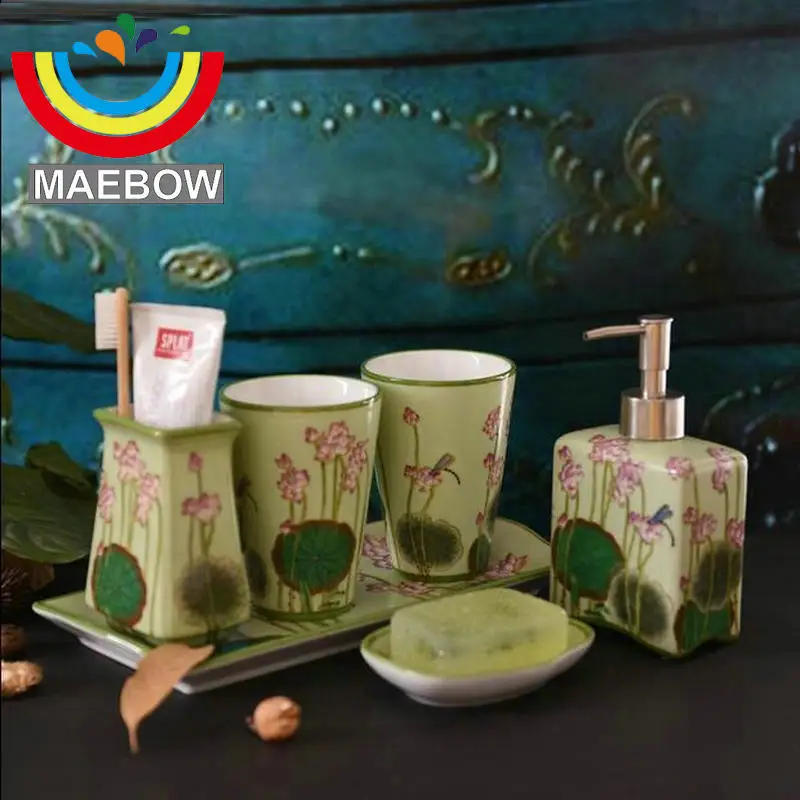 

Beatiful Hand Paint Collectible Home Decoration Soap Dispenser Porcelain Tooth Mug Bathroom Accessories Set