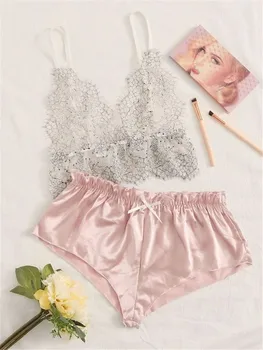 Sexy Women Underwear Silk Pajamas Sleepwear Deep V Sling Lace Bra+Satin Silk Shorts Lingerie Sets Female Underwear
Sexy Women Underwear Silk Pajamas Sleepwear Deep V Sling Lace Bra+Satin Silk Shorts Lingerie Sets Female Underwear