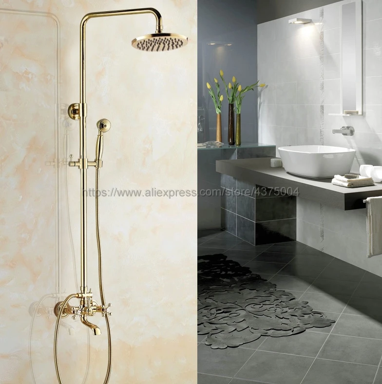 

Polished Gold Wall Mounted 8" Rainfall Shower Mixer Set Double Handles Bath Shower Faucet Swivel Tub Spout Ngf344