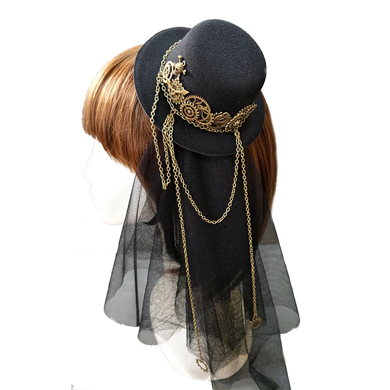 Фото Стимпанк мини шляпа с вуалью панк шестерни Готический мини-шляпы нарядное платье