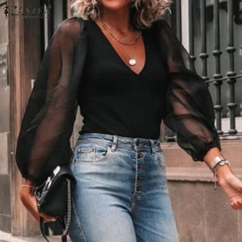 Women's Summer Blouse 2020 ZANZEA Elegant Puff Sleeve Tops Casual V Neck Blusas Female Solid Mesh Patchwork Tunic Tops Oversized
Women's Summer Blouse 2020 ZANZEA Elegant Puff Sleeve Tops Casual V Neck Blusas Female Solid Mesh Patchwork Tunic Tops Oversized