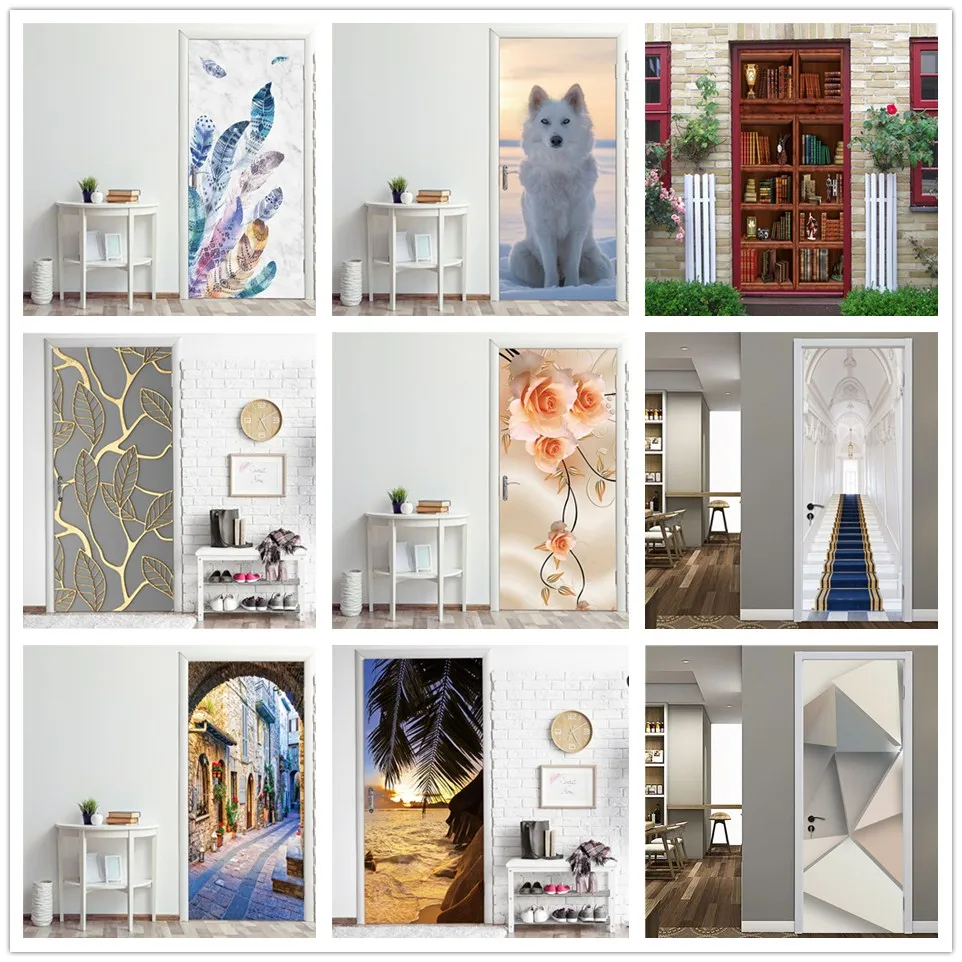 

3D Fine Fashion Wallpaper On The Door Self-adhesive Removable DIY Home Decor Stickers For Doors Living Room Bedroom Renew Mural