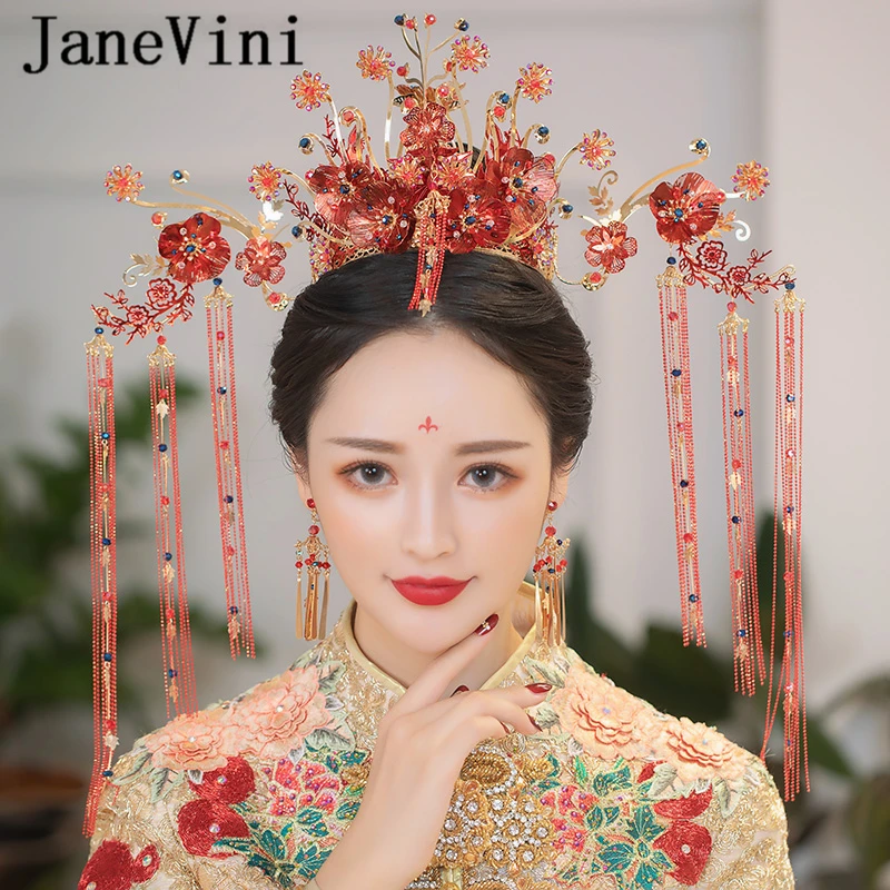 JaneVini Gorgeous Chinese Bridal Headdress Beaded Costume Large Red Floral Hairpins Long Tassels Stage Wedding Hair Accessories
JaneVini Gorgeous Chinese Bridal Headdress Beaded Costume Large Red Floral Hairpins Long Tassels Stage Wedding Hair Accessories