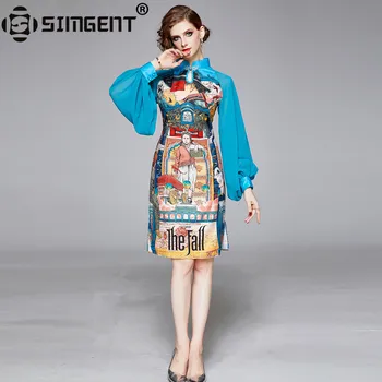 Simgent Charactor Print Dress Women Vintage Lantern Sleeve Backle Stand Collar Long Sleeve A Line Slit Dress Vestidos SG911203 
Simgent Charactor Print Dress Women Vintage Lantern Sleeve Backle Stand Collar Long Sleeve A Line Slit Dress Vestidos SG911203