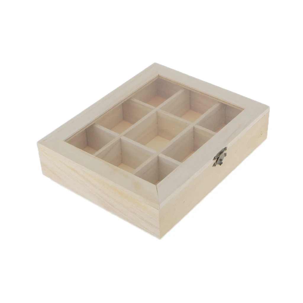 UNPAINTED PLAIN WOODEN GLASS LID 9 GRIDS CHEST JEWELRY STORAGE BOX ART CRAFT UNPAINTED PLAIN WOODEN GLASS LID 9 GRIDS CHEST JEWELRY STORAGE BOX ART CRAFT