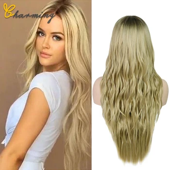 

CHARMING 24inch Wavy Women Wig Natural Middle Part Hair Ombre Synthetic Wigs Platinum/Blonde/Black Wigs Heat Resistant for Women