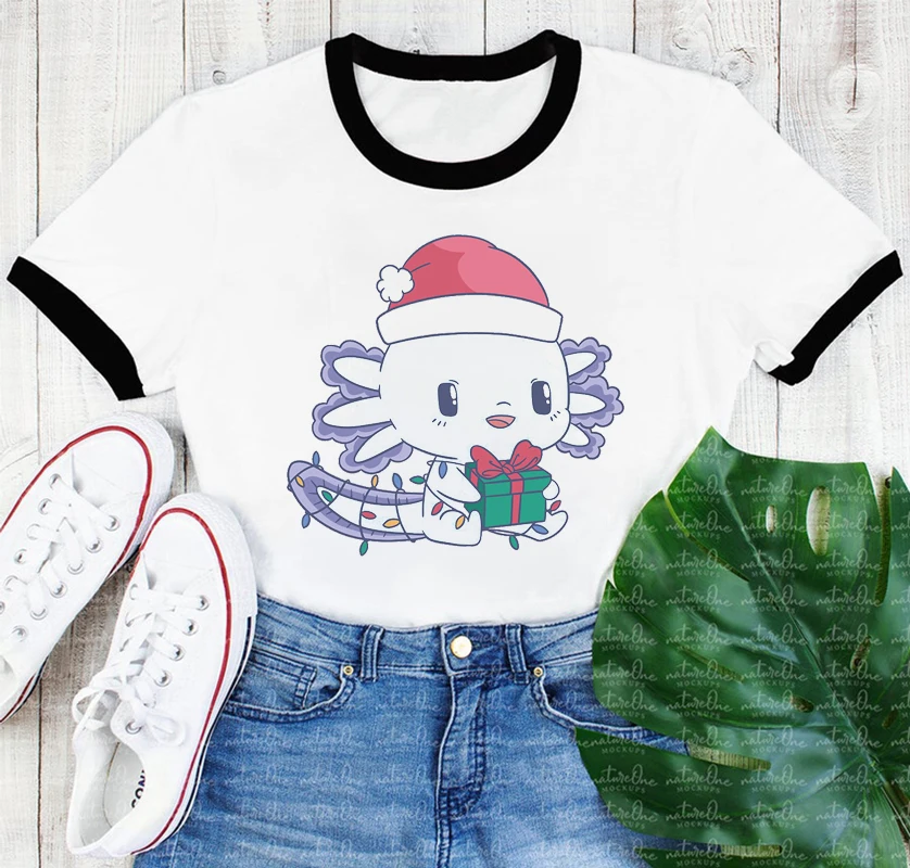 

Axolotl Cartoon Print T-Shirt Women Clothes 2022 Merry Christmas Gift Tshirt Femme Harajuku Kawaii T Shirt Female Summer Tops