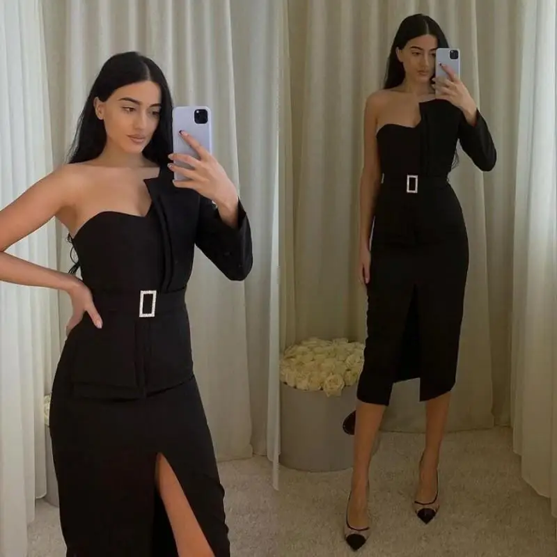 

Fashionable One Shoulder Front Slit Black Satin Bball Dress Tea Long Sleeve Elegant Slim Dress for Women's Evening Prom Gowns