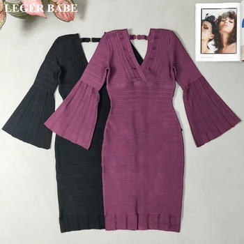 LEGER BABE New Autumn Sexy V Neck Women Rayon Bandage Dress Black Purple Flare Sleeves OL Cocktail Party Dress High Quality 
LEGER BABE New Autumn Sexy V Neck Women Rayon Bandage Dress Black Purple Flare Sleeves OL Cocktail Party Dress High Quality
