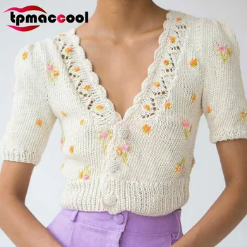 Tpmaccool luxury designer women Summer Pastoral floral Embroidered Puffed Sleeves deep V neck Short-Sleeved knitted t shirt tops
Tpmaccool luxury designer women Summer Pastoral floral Embroidered Puffed Sleeves deep V neck Short-Sleeved knitted t shirt tops