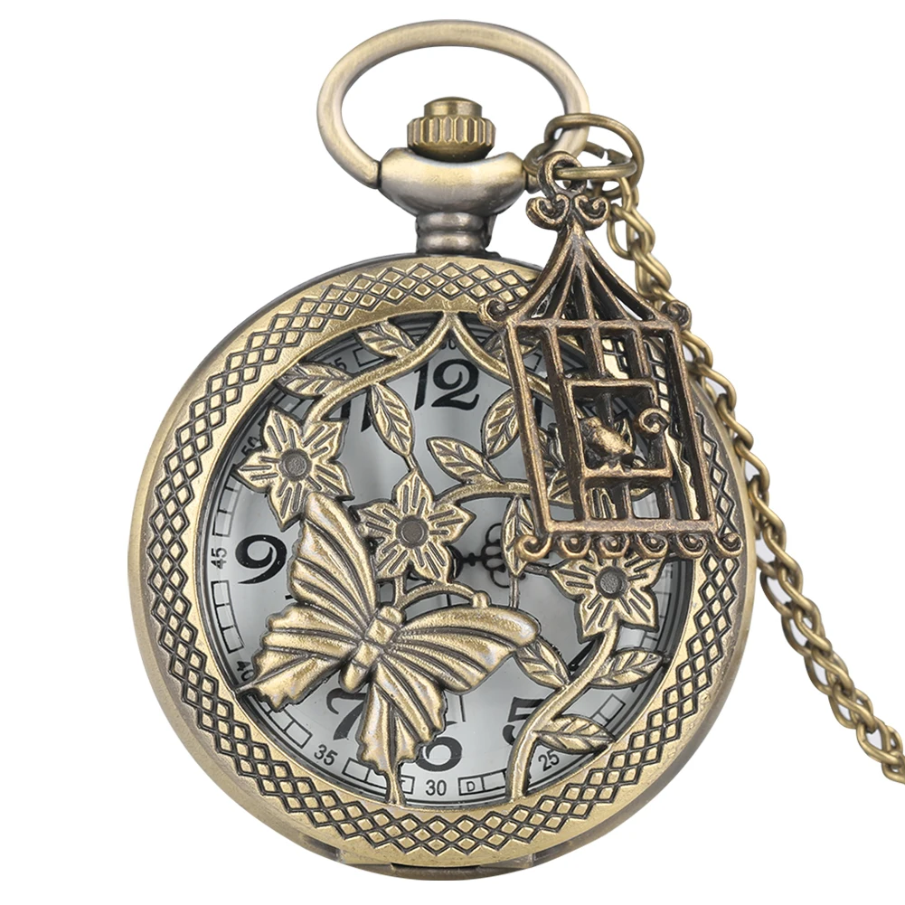 Бронзовая Бабочка и цветок в ретро стиле ожерелье карманные часы цепочка
