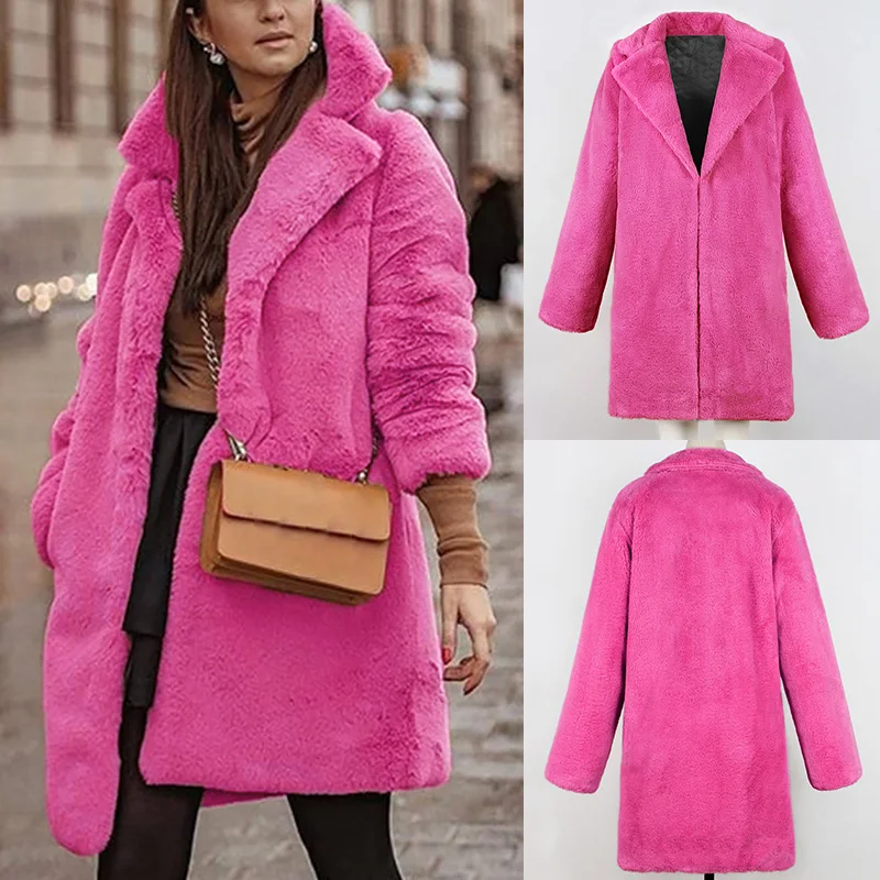 Plus Size Thick Fur Long Coat Women 2020 Winter Warm Loose Plush Soft Fluffy Outerwear Pure Color Long Sleeve Faux Fur Overcoats