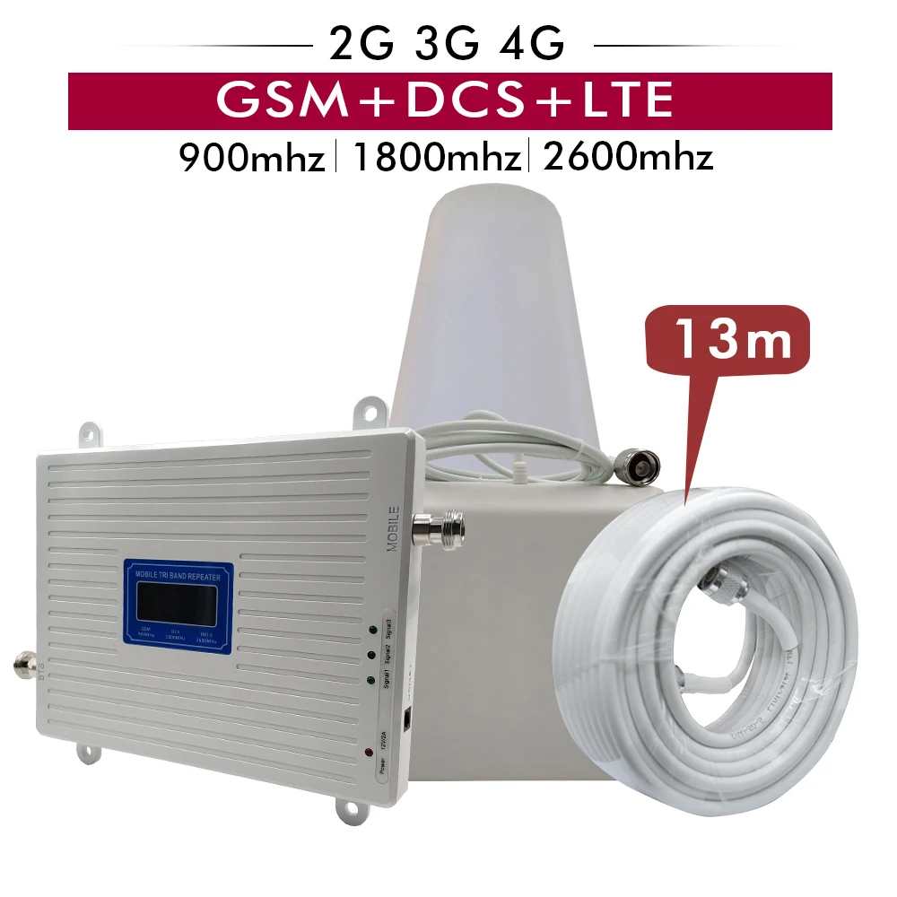 

GSM DCS LTE Tri Band Booster 2G 900MHz+4G DCS/LTE 1800(B3)+4G LTE 2600(B7) Cellphone Signal Repeater Cellular Amplifier Full Set