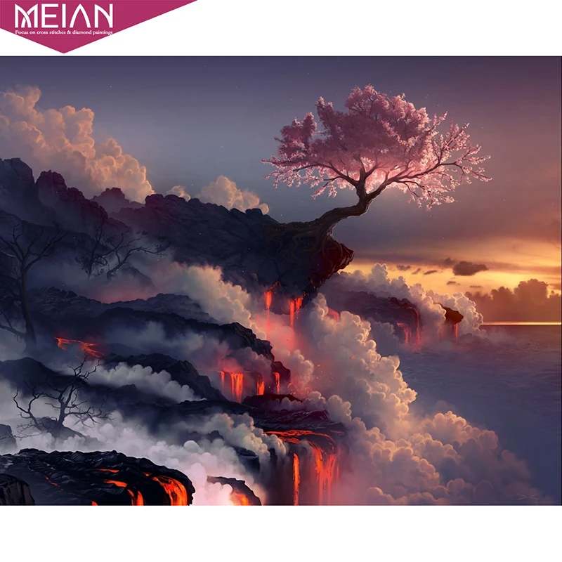 2020 MEIAN volcano tree 5d diy Алмазная вышивка пейзаж картина выложенная алмазами Вышивка