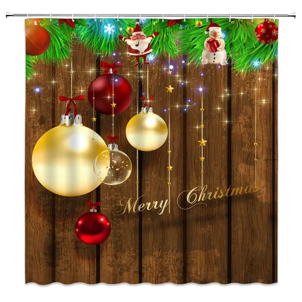 

Christmas Shower Curtain, Colorful Xmas Balls Baubles Hang On The Pine Branches on Wood Boards for New Year Fabric Bathroom