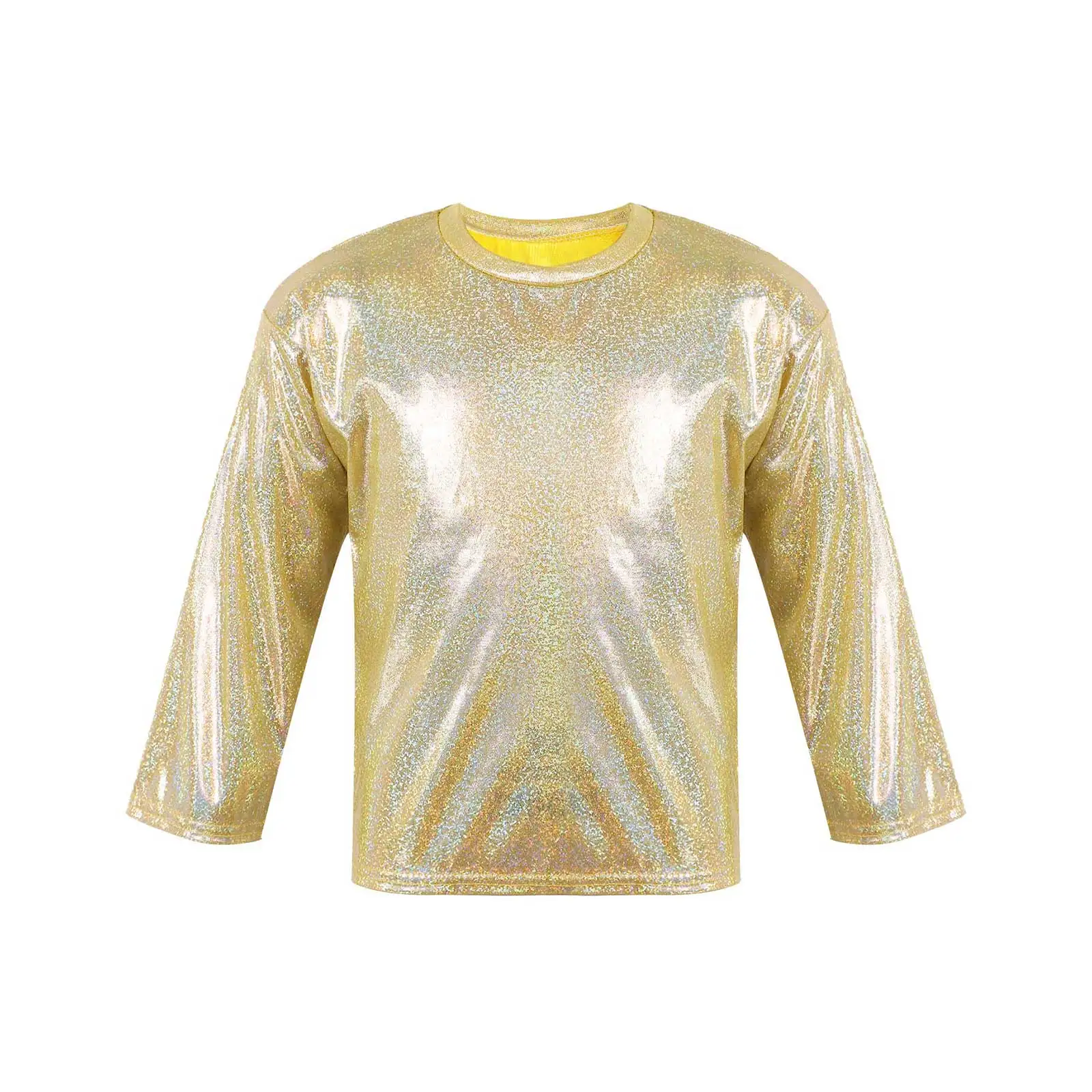 

Hip Hop Costume Kids Shiny Metallic Bronzing Cloth T-Shirt Round Neck Long Sleeve Loose T-Shirt for Party Stage Performance Wear