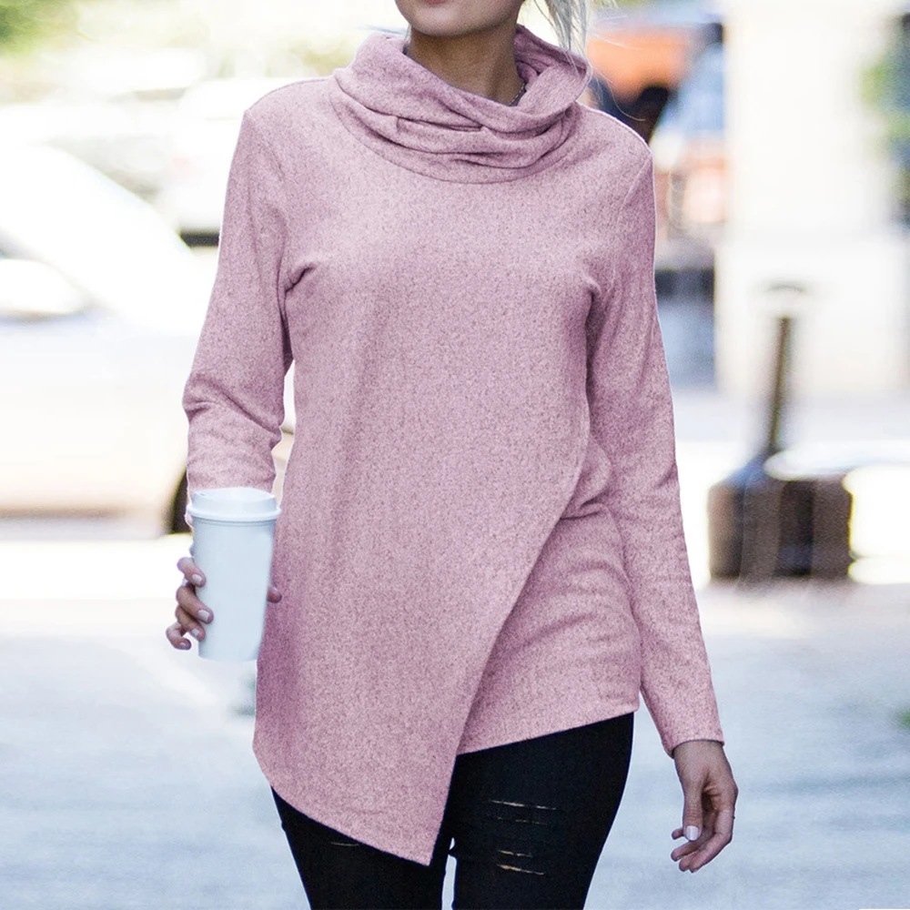 2019 Fashion Women Turtleneck Tees Autumn Korean Irregular Sweater Harajuku Style Tops Long Sleeve Solid Casual Female Knitwear | Женская