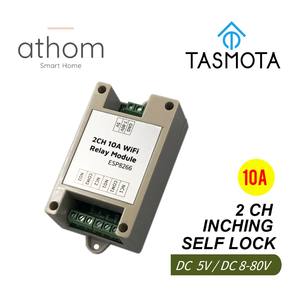 

ATHOM Tasmota 2CH WiFi Relay Module Inching Switch Self-locking Entry Access Gate Control DC 5V 12V 8V-80V