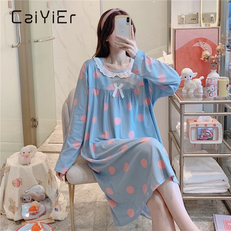 CAIYIER Women Night Dress Blue Dot Print Oversize Sleepwear Cute Girls Lingerie Loose Long Sleeve O-Neck Lace Night Shirt Gown
CAIYIER Women Night Dress Blue Dot Print Oversize Sleepwear Cute Girls Lingerie Loose Long Sleeve O-Neck Lace Night Shirt Gown