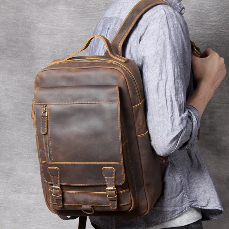 

Crazy Horse Leather Backpack Men Brown Unisex Cow Leather 14" Laptop Rucksack Vintage Real Leather School Bag Durable Travel Bag