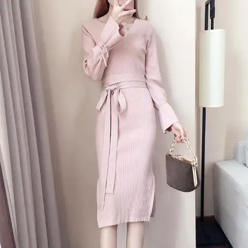 Осенне-зимнее женское платье-свитер новинка 2020 длинный рукав vestidos largos Розовый