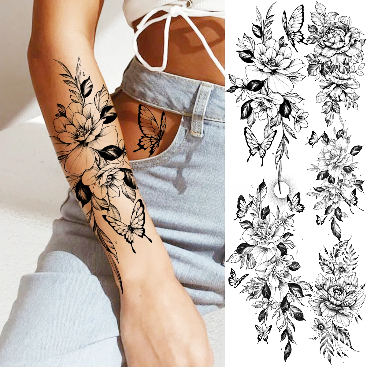 

Реалистичные временные татуировки с 3D рисунком пиона, цветов, бабочек для женщин и взрослых, Георгин роза, цветок, искусственная татуировка, моющиеся татуировки с полурукавами