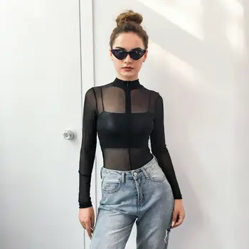 Women Sexy See-through Sheer Zipper High turtleneck Jumpsuit Long Sleeve Bodycon Mesh Bodysuit Leotard Romper Tops 
Women Sexy See-through Sheer Zipper High turtleneck Jumpsuit Long Sleeve Bodycon Mesh Bodysuit Leotard Romper Tops