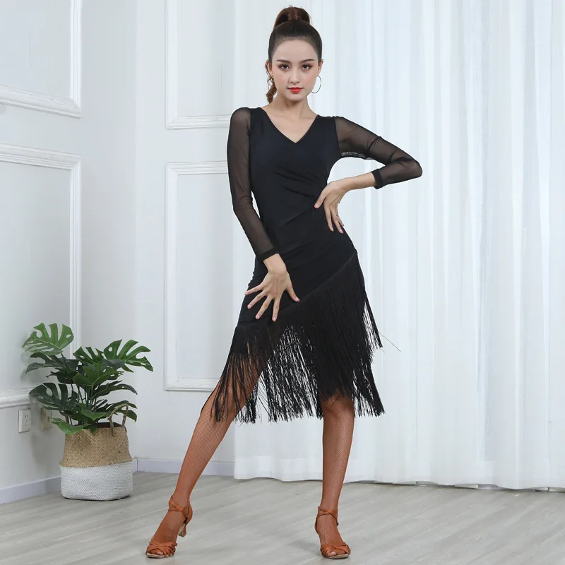 Latin Dance Dress Women Tango Samba Cha Rumba Salsa Ballroom Practice Wear Ladies Fringe Dresses American Clothing DCC365 | Тематическая