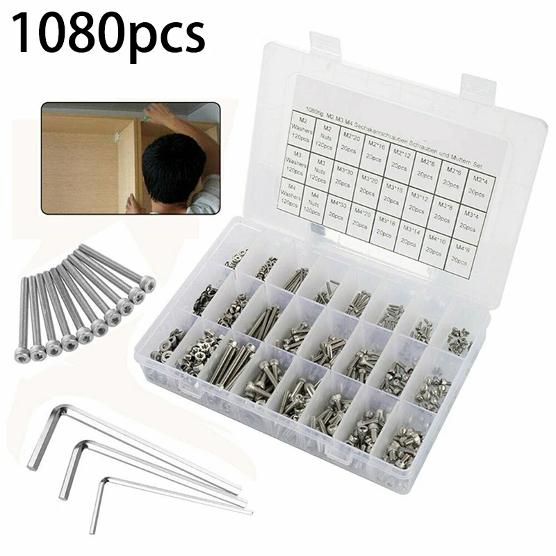 1080pcs/Set M2 M3 M4 Stainless Steel Hex Socket Screw Bolt Nut Washer Assortment Hand And Power Tool Accessories
1080pcs/Set M2 M3 M4 Stainless Steel Hex Socket Screw Bolt Nut Washer Assortment Hand And Power Tool Accessories