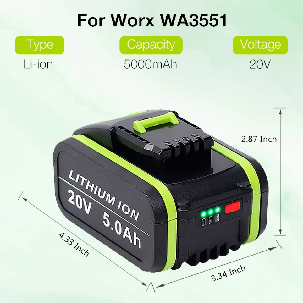 2021 20V 5000mAh Li-ion rechargeable replacement battery suitable for Worx power tools WA3551 WX390 WX176 WX178 WX678 WG894E | Электроника