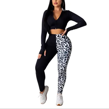 Female Sportswear Suits New Women Short Hoodies + Black Leopard Stitching Trousers 2pcs Bodycon Outfits Femme Tracksuits Femme 
Female Sportswear Suits New Women Short Hoodies + Black Leopard Stitching Trousers 2pcs Bodycon Outfits Femme Tracksuits Femme
