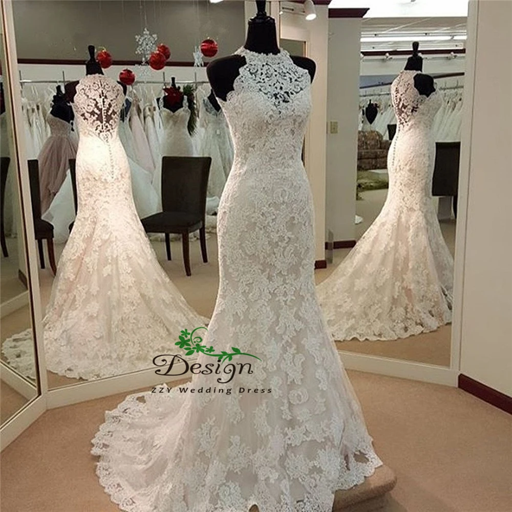 Halter Court Train Luxury Mermaid/Trumpet Lace Appliques Lace Button Bridal Dresses Wedding Dresses Custom-Made Vestido de noiva
Halter Court Train Luxury Mermaid/Trumpet Lace Appliques Lace Button Bridal Dresses Wedding Dresses Custom-Made Vestido de noiva