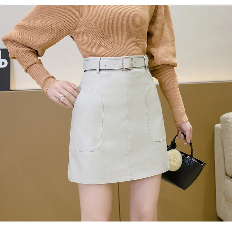 2020 New Casual Streetwear PU Leather Skirt Women Autumn Winter High Waist Mini Skirt Pocket With Belt A-line Skirt White Brown 2020 New Casual Streetwear PU Leather Skirt Women Autumn Winter High Waist Mini Skirt Pocket With Belt A-line Skirt White Brown