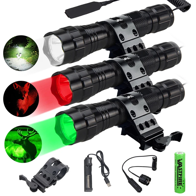 

501B Professional Green/RED LED Hunting Flashlight Tactical 1-Mode Torch+18650+USB Charger+Tail Switch+45° Rifle Scope Mount