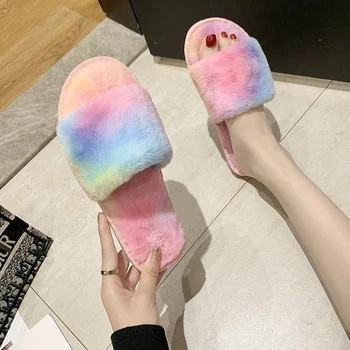 Winter Warm Women Slippers Home Soft Bottom Plush Slides Shoes Fashion Rainbow Warm Slippers Indoor Non-slip Furry Flat Slippers 
Winter Warm Women Slippers Home Soft Bottom Plush Slides Shoes Fashion Rainbow Warm Slippers Indoor Non-slip Furry Flat Slippers
