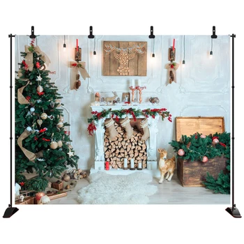 Christmas Photography Backdrop for Party Fireplace Christmas Tree Vinyl Background Photo Studio Prop