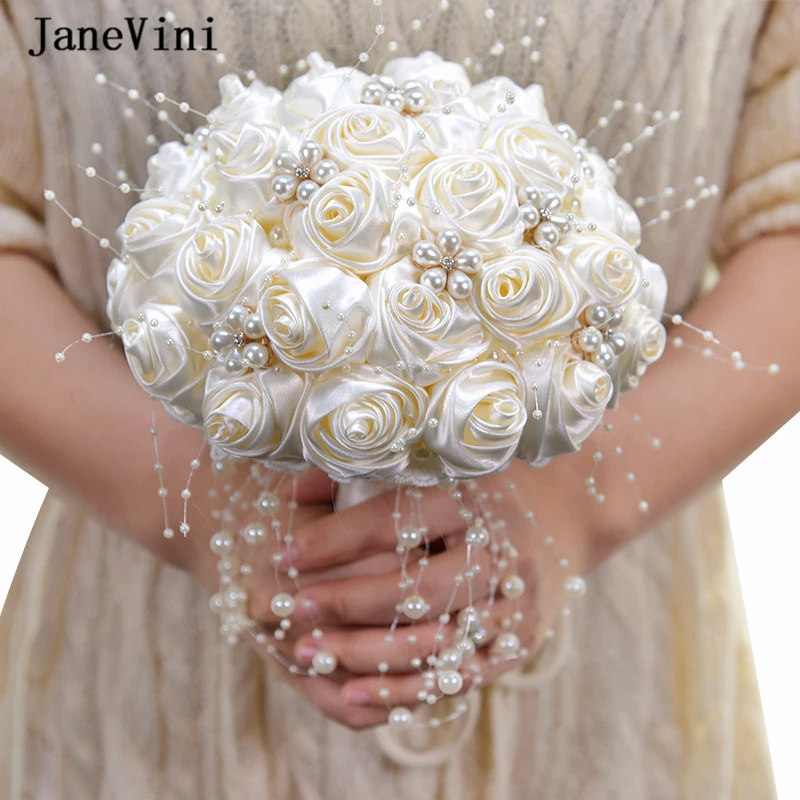 

JaneVini Elegant Ivory Flowers Bridal Hand Bouquets Handmade Satin Roses Bridesmaid Pearls Bouquet Marriage Wedding Accessories
