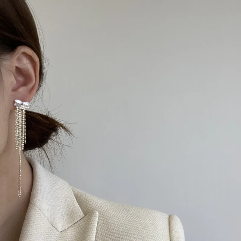 

Korea Irregular Design Sense Micro-inlaid Shiny Zircon Tassel Earrings Back Hanging Long For Women Wedding Aesthetics Jewelery