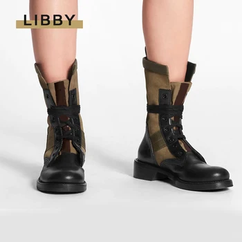 Retro Punk Style Women Ankle Boots Stitching canvas Shoes Black Round Toe Flat Mid Boots Lace Up Luxury Designer Martin Boots 
Retro Punk Style Women Ankle Boots Stitching canvas Shoes Black Round Toe Flat Mid Boots Lace Up Luxury Designer Martin Boots