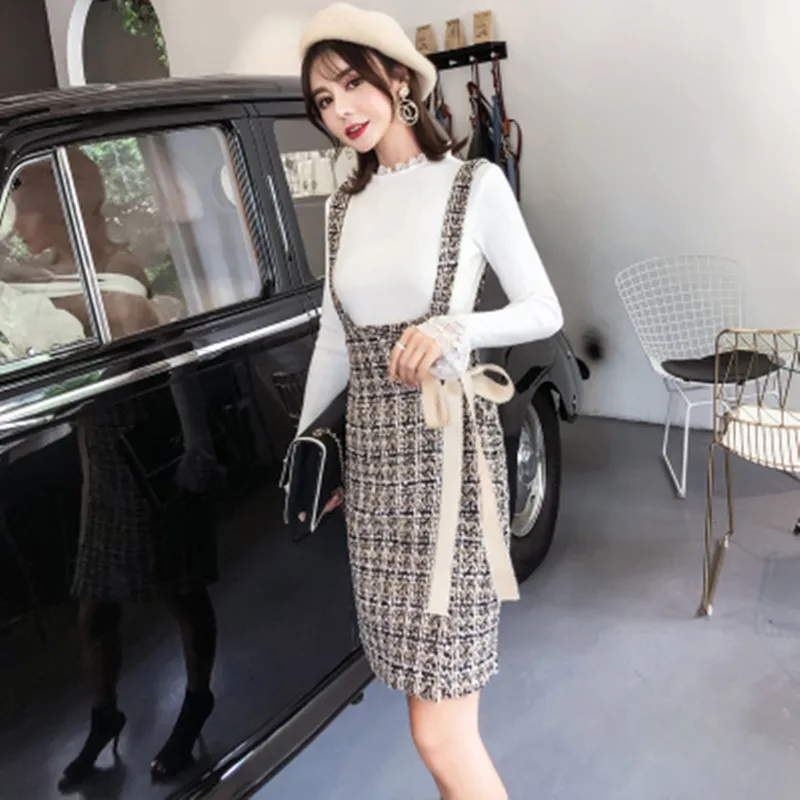 Plaid Tweed Mini Dress Two piece set Women Fall Winter New Lace Patchwork Solid Knitted Top & Sashes Lace-Up Strap Dress Set
Plaid Tweed Mini Dress Two piece set Women Fall Winter New Lace Patchwork Solid Knitted Top & Sashes Lace-Up Strap Dress Set