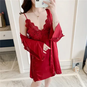 2020 Summer Women Robe & Gown Sets Sexy Lace Pijama Sleeveless Nightwear Female V-neck Pyjama With Chest Pads Pajamas
2020 Summer Women Robe & Gown Sets Sexy Lace Pijama Sleeveless Nightwear Female V-neck Pyjama With Chest Pads Pajamas