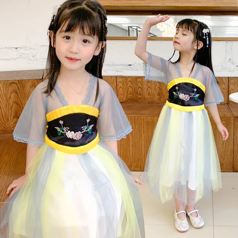 Hanfu/Летний костюм для девочек в китайском стиле Костюм крупных детей Сетчатый из