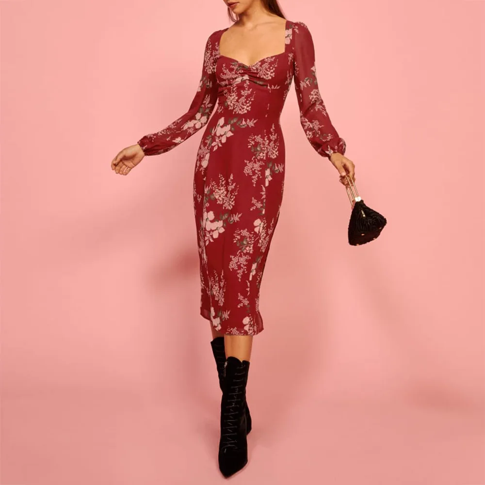 

Dresses For Women 2021 Elegant Sexy Bodycon Party Dress Sweetheart Neck Long Sleeve Vintage Floral Chiffon Midi Dress With Slit