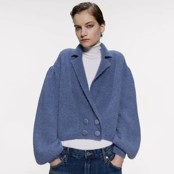 New ZA Blue Solid Color Sweater Women Knitted Coat Turn-Down Collar Puffy Long Sleeves Button Closure Trendy Sweater Wholesale 
New ZA Blue Solid Color Sweater Women Knitted Coat Turn-Down Collar Puffy Long Sleeves Button Closure Trendy Sweater Wholesale