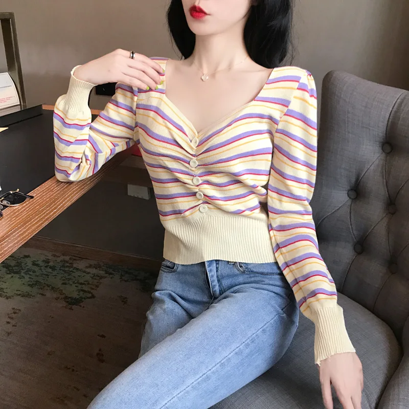 2019 Autumn Women Thin Striped Sweater Girls Stretchy Slim Buttons V-Neck Cropped Sweater Pullover Crop Top For Female
2019 Autumn Women Thin Striped Sweater Girls Stretchy Slim Buttons V-Neck Cropped Sweater Pullover Crop Top For Female