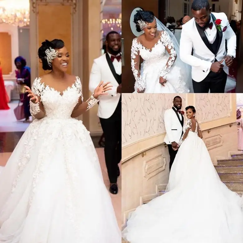 Arabic African Ball Wedding Dresses Lace Appliqued Beaded Long Bridal Gown Sheer Crew Neck Vestidos Plus Size
Arabic African Ball Wedding Dresses Lace Appliqued Beaded Long Bridal Gown Sheer Crew Neck Vestidos Plus Size